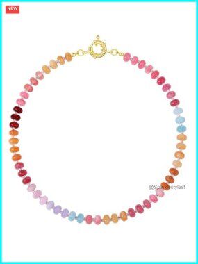 Beaded Gemstone Choker Necklace 14K Gold Plated Spring Ring Boho
